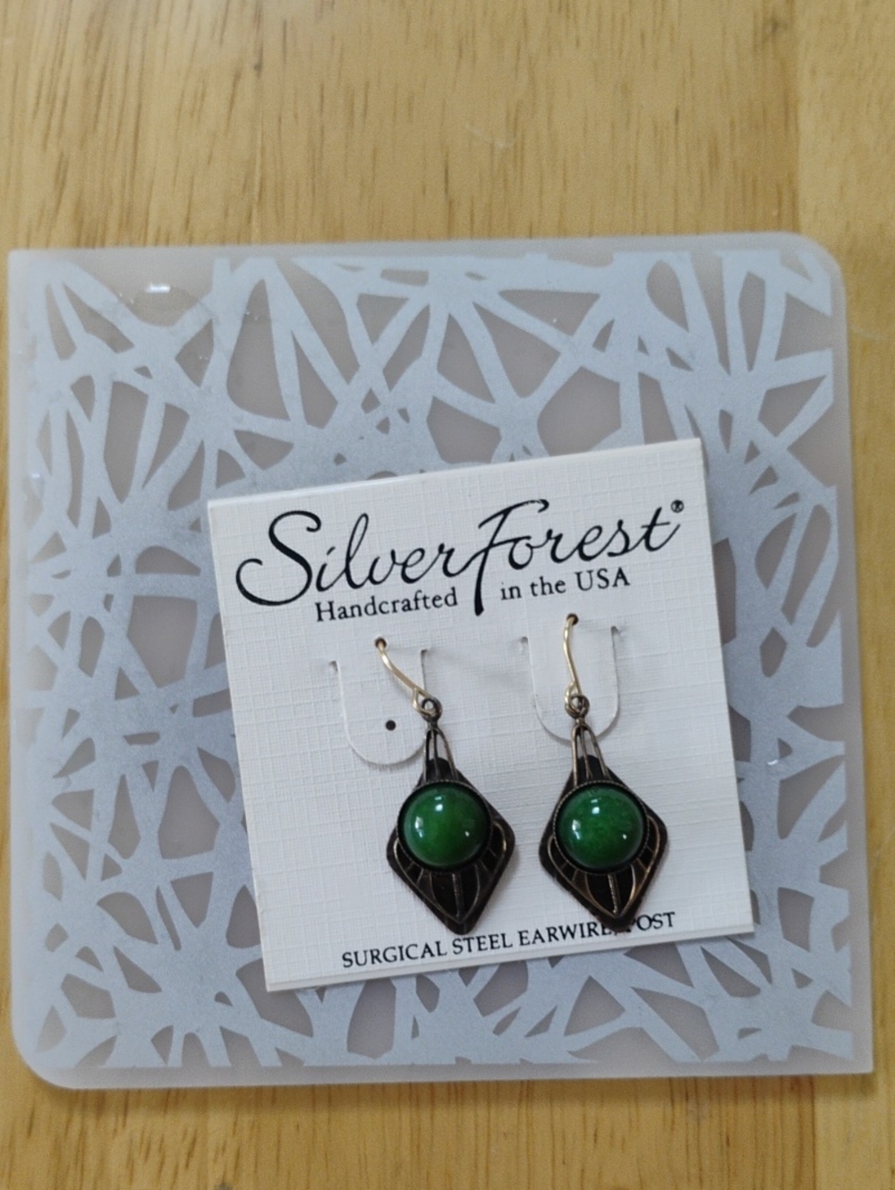 Silver Forest Dark Green Cabochon Drop Earrings - Silver Forest